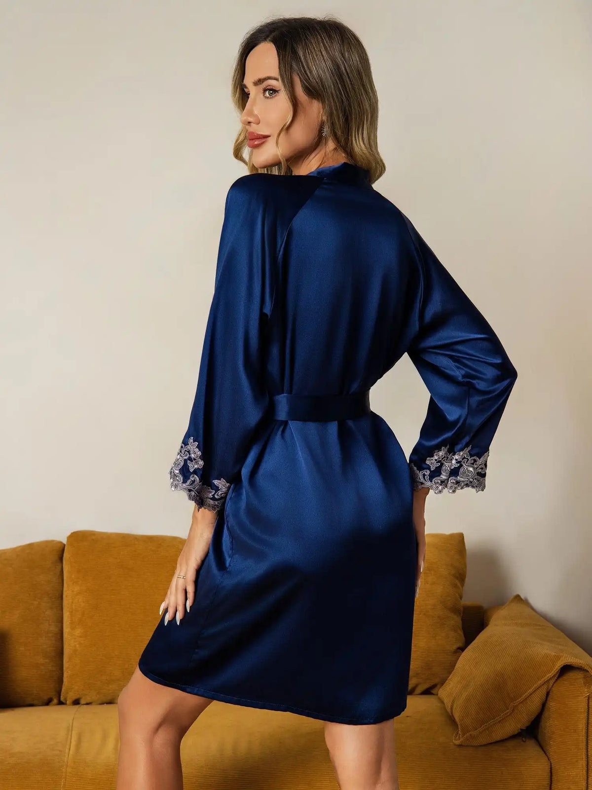 100% Mulberry Silk Lace Cuffs Robe Wrap Kimono Belted with 3/4 Sleeves