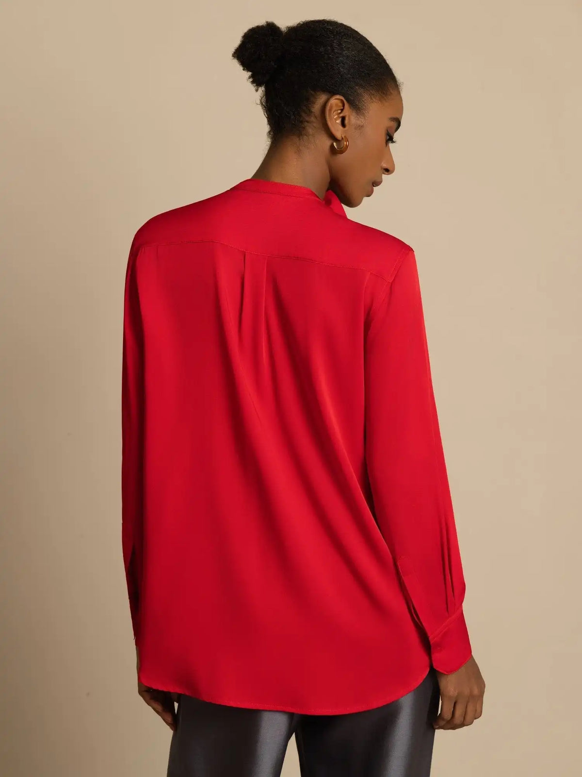Clearance - 19Momme Silk Women's Long Sleeve Stand Collar Bow Blouse