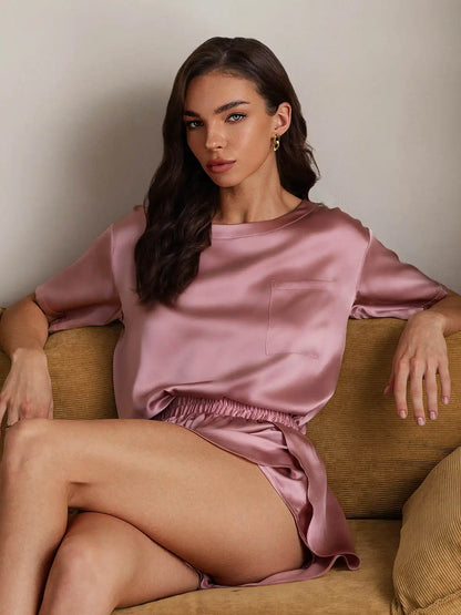 100% Mulberry Silk Short Sleeve Round Neck Women's Pajamas Set