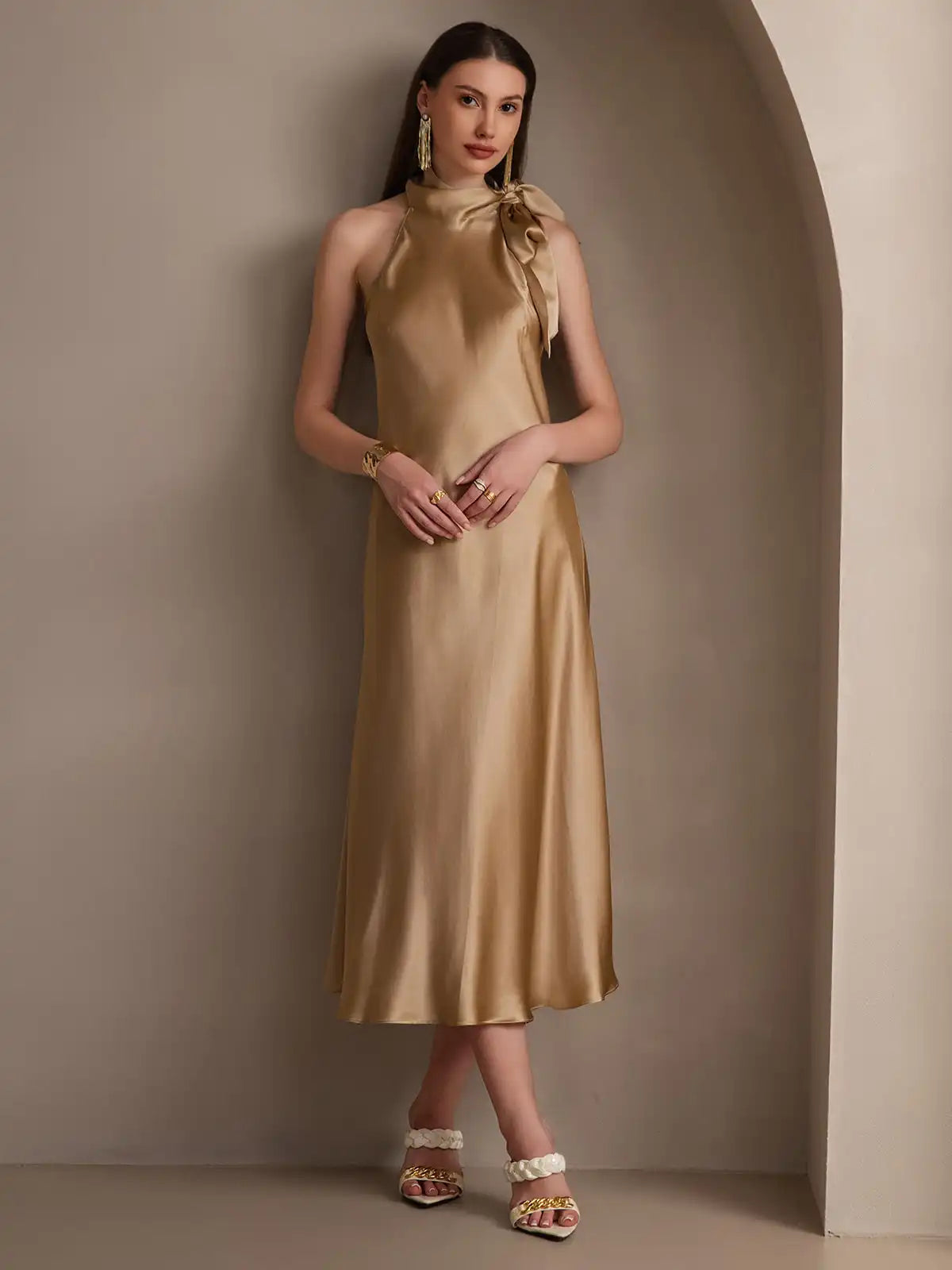 19Momme Silk Sleeveless Tie Neck Midi Dress