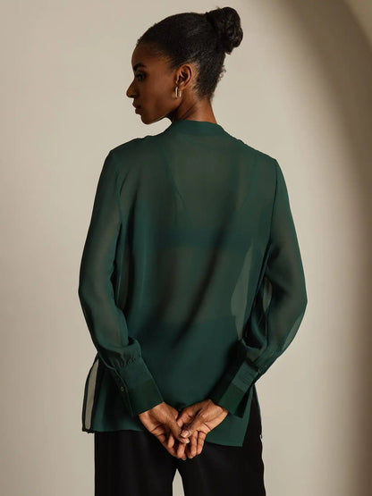 100% Mulberry Silk Long Sleeve Split Sheer Blouse