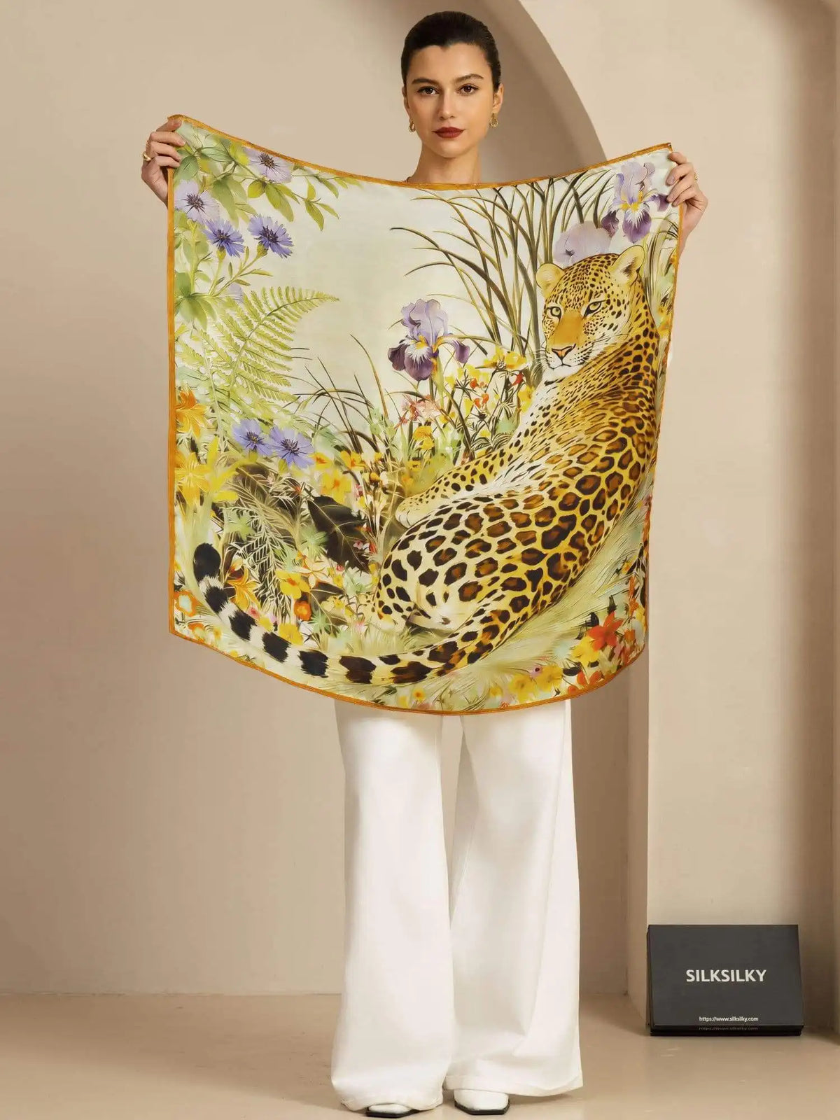 100% Mulberry Silk Leopard & Floral Scarf - Size 90x90cm