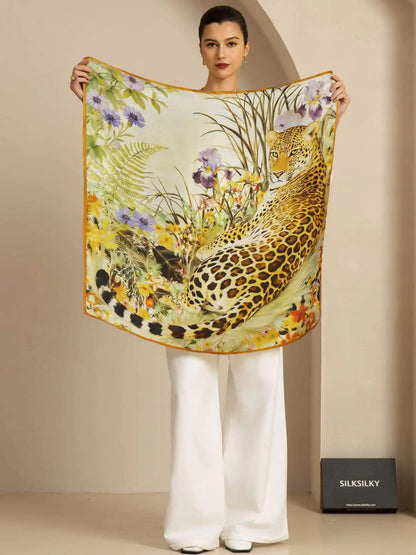 100% Mulberry Silk Leopard & Floral Scarf - Size 90x90cm