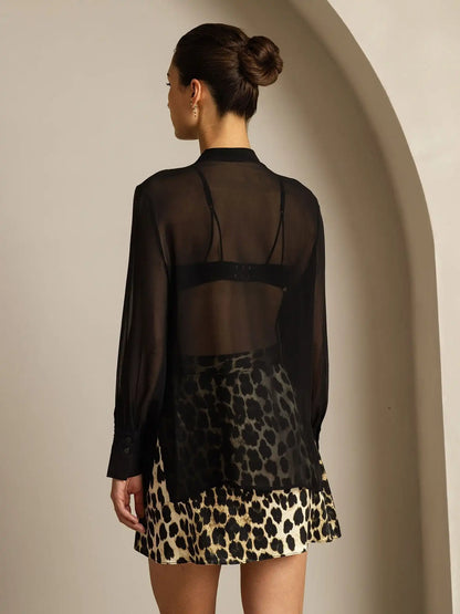100% Mulberry Silk Long Sleeve Split Sheer Blouse