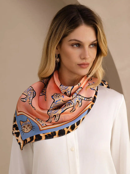 100% Mulberry Silk  Cat Pattern Scarf - Size 90x90cm