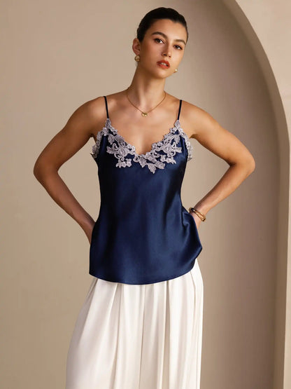 100% Mulberry Silk Spaghetti Strap  V-neck Lace Camisole Top