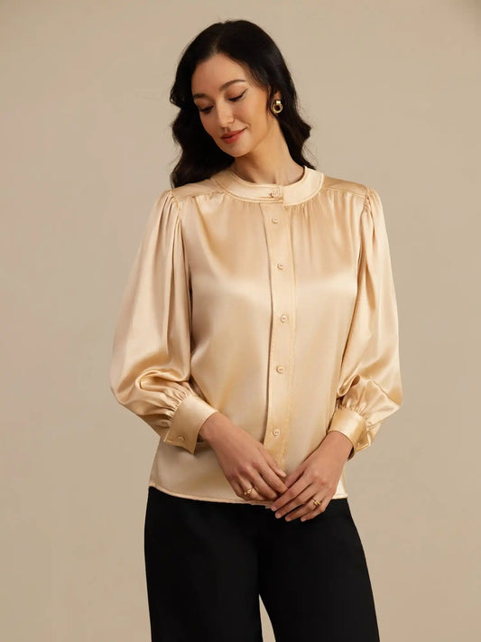 Clearance - 19Momme Silk Women's Round Neck Lantern Sleeve Blouse With Button Closure