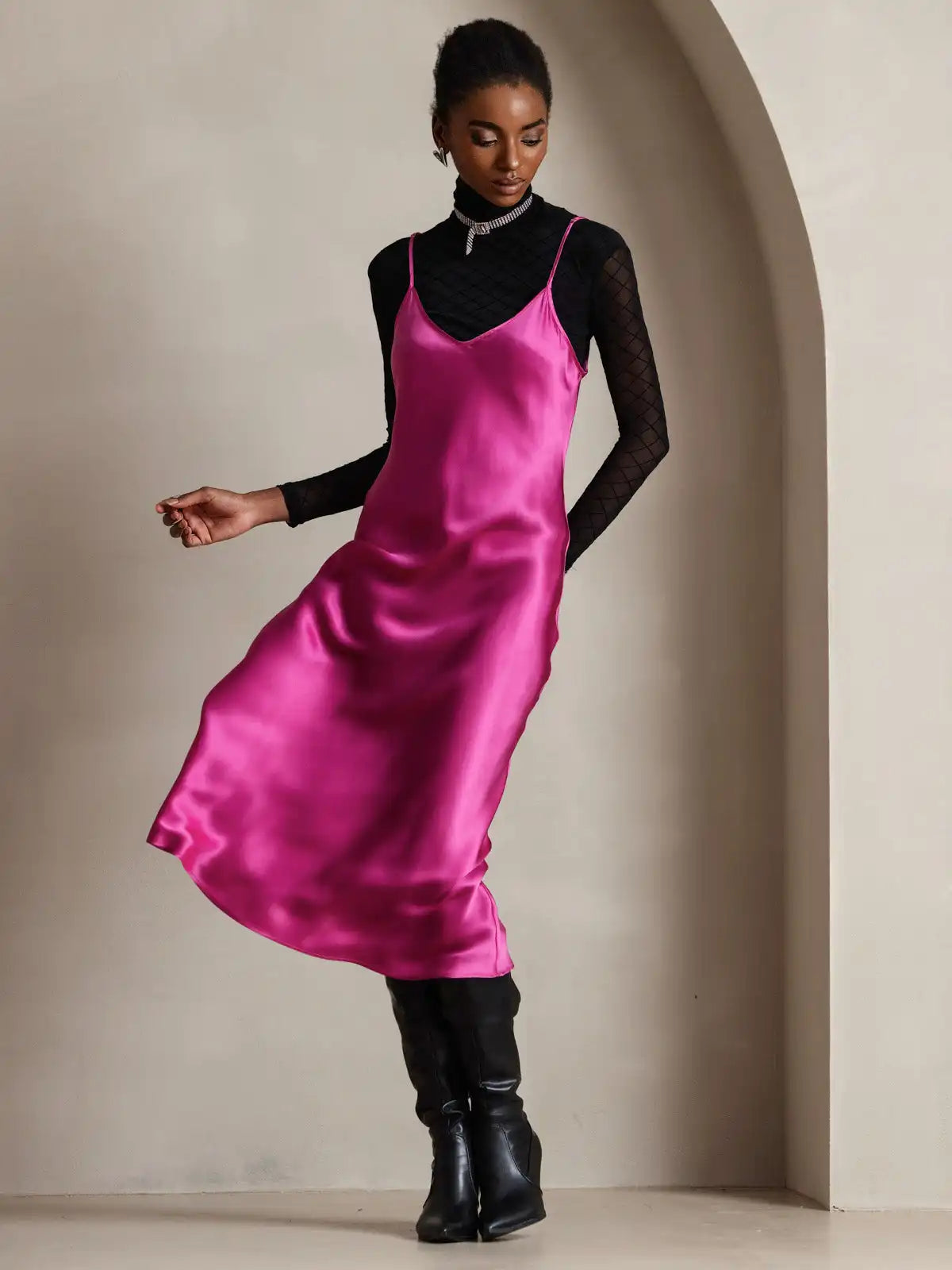 100% Mulberry Silk Spaghetti Strap Midi Long Dress