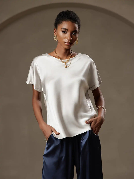 19Momme Silk Short Sleeve Boat Neck Cuffed Sleeve Women's T-Shirt