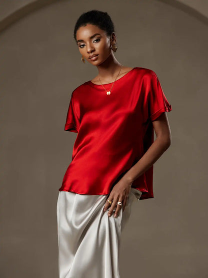 Clearance - 19Momme Silk Short Sleeve Boat Neck Cuffed Sleeve Women's T-Shirt