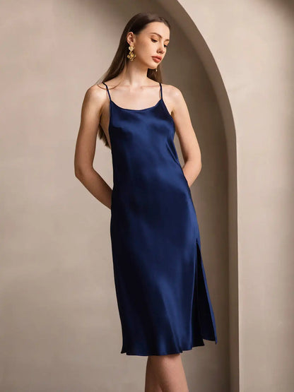 Elegant 100% Mulberry Silk Cross Backless Midi Dress with Side Slit