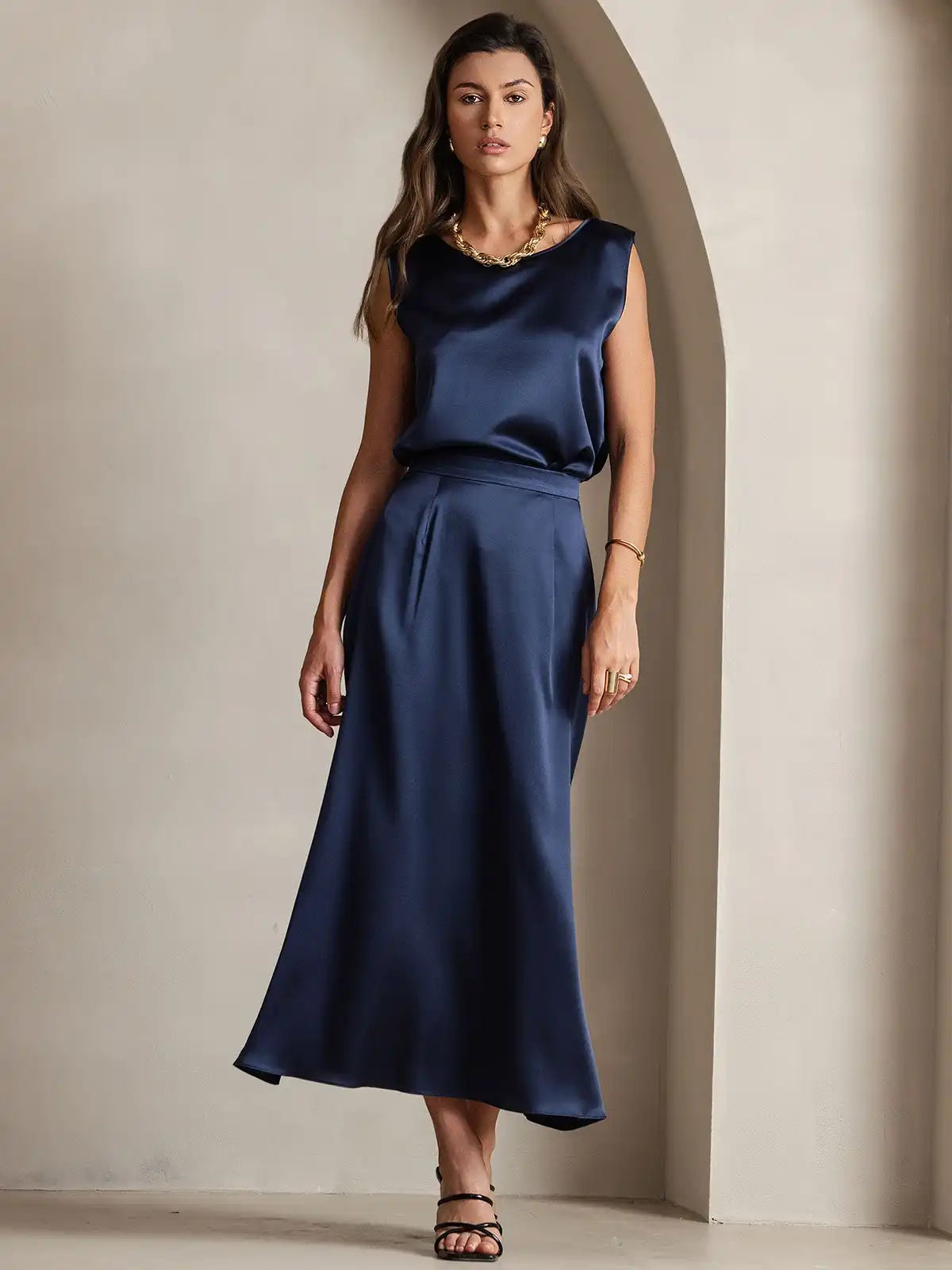 Clearance - 19Momme Silk A Line Maxi Skirt with Zipper Design