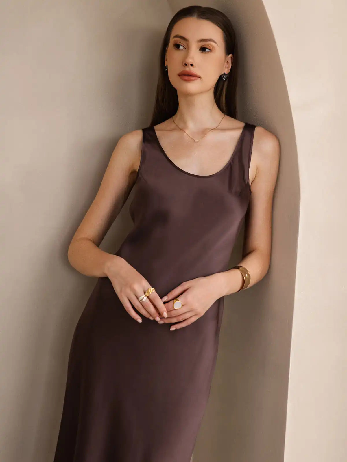 100% Mulberry Silk Sleeveless U Neck Midi Long Dress