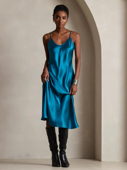 100% Mulberry Silk Spaghetti Strap Midi Long Dress