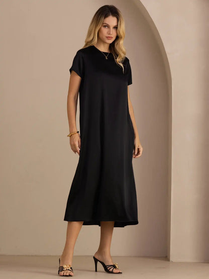 19Momme Silk Short Sleeve Crew Neck  Midi Dress With Side Pockets
