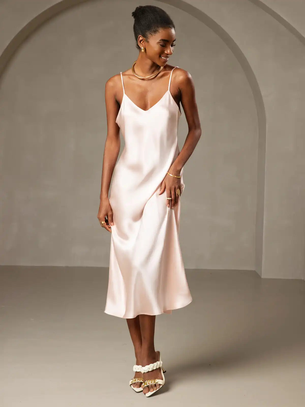 100% Mulberry Silk Spaghetti Strap Midi Long Dress