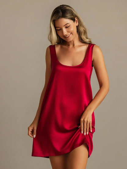 Clearance - 19Momme Washable Silk Sleeveless Scoop Neck Short Nightgown with Side Pocket Design