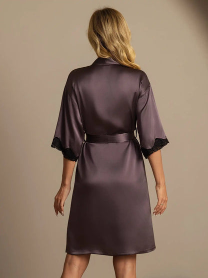 100% Mulberry Silk Basic Women's Robe with Lace Design