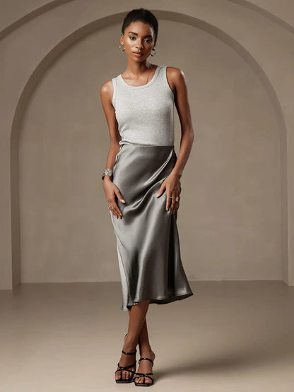 100% Mulberry Silk Stretch Long Straight Skirt