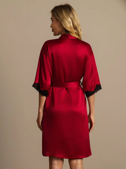 100% Mulberry Silk Basic Women's Robe with Lace Design