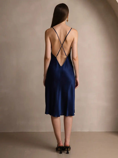 Elegant 100% Mulberry Silk Cross Backless Midi Dress with Side Slit