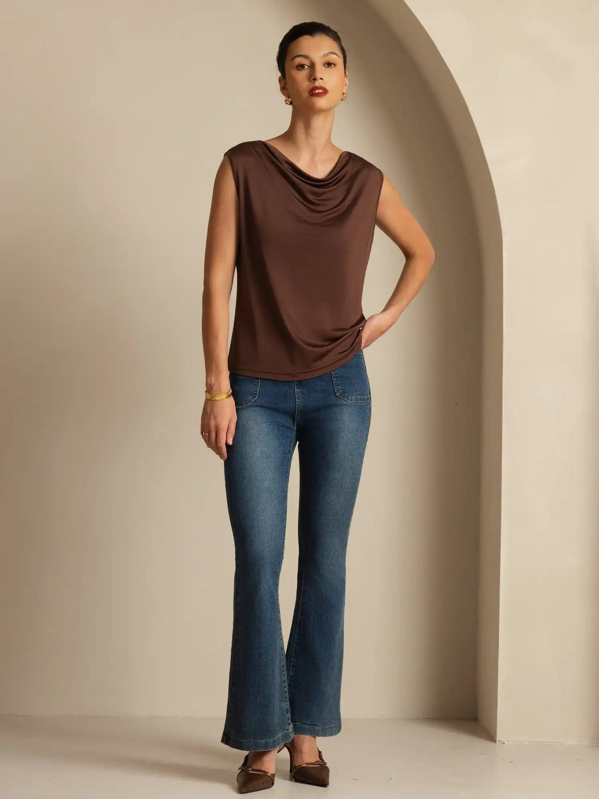 Clearance - Pure Silk  Women's Sleeveless Cowl Neck Basic Casual Top