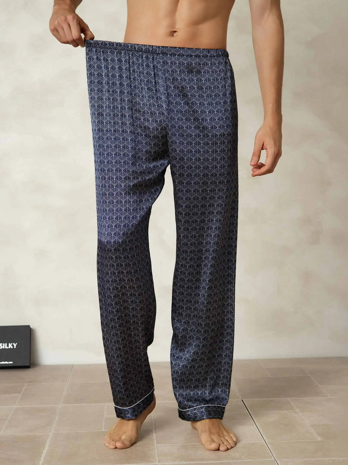 Men's 100% Mulberry Silk Ginkgo Print Sleep Pants with Elastic Waist