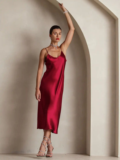 100% Mulberry Silk Spaghetti Strap Midi Long Dress