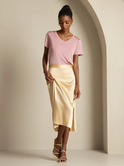 Clearance - 19Momme Silk A Line Long Slit Skirt with Zipper Design