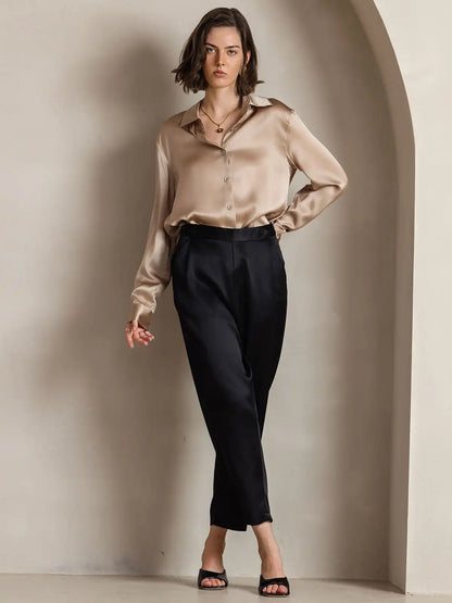 19Momme Silk Long Sleeve Lapel Collar Women's Shirt with Button Up Design