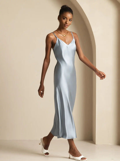Pure Silk  V Neck Backless Spaghetti Strap Long Dress