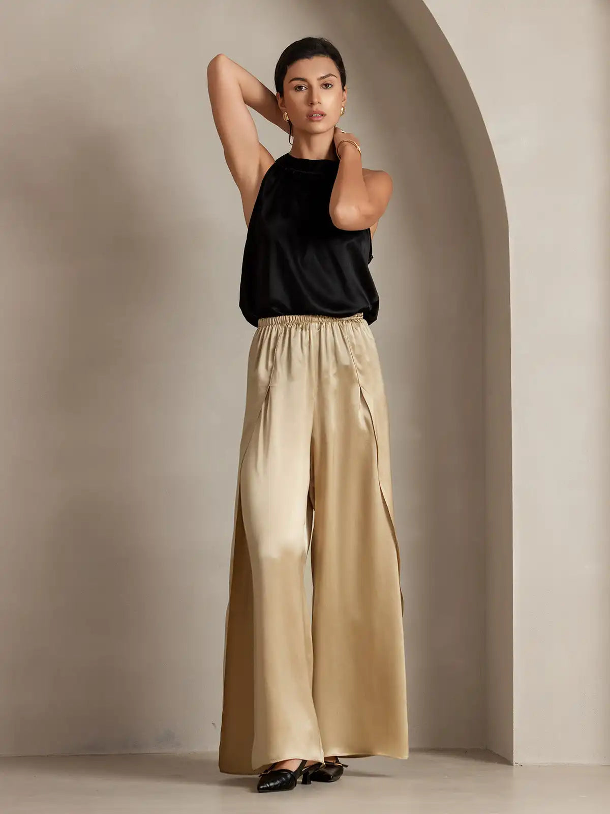 19Momme Silk Fashionable Flowy High-Slit Palazzo Pants
