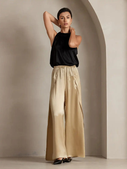 19Momme Silk Fashionable Flowy High-Slit Palazzo Pants