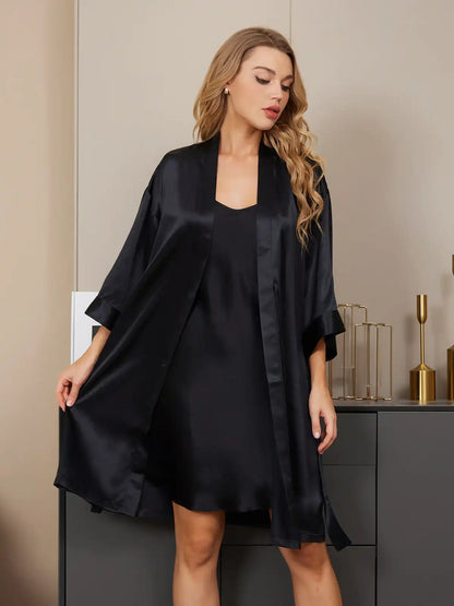 100% Mulberry Silk Kimono Robe & V‑Neck Nightgown Set