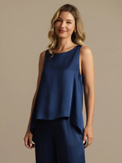 100% Mulberry Silk Sleeveless U-Neck Backless High-low Tank Top & Wide Leg Pants Set