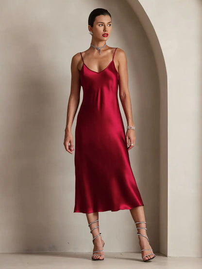 100% Mulberry Silk Spaghetti Strap V Neck Midi Dress