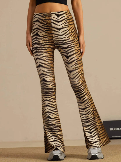 Clearance - Pure Silk Wild Animal Print Women's Flare Pants High Waisted Bell Bottom