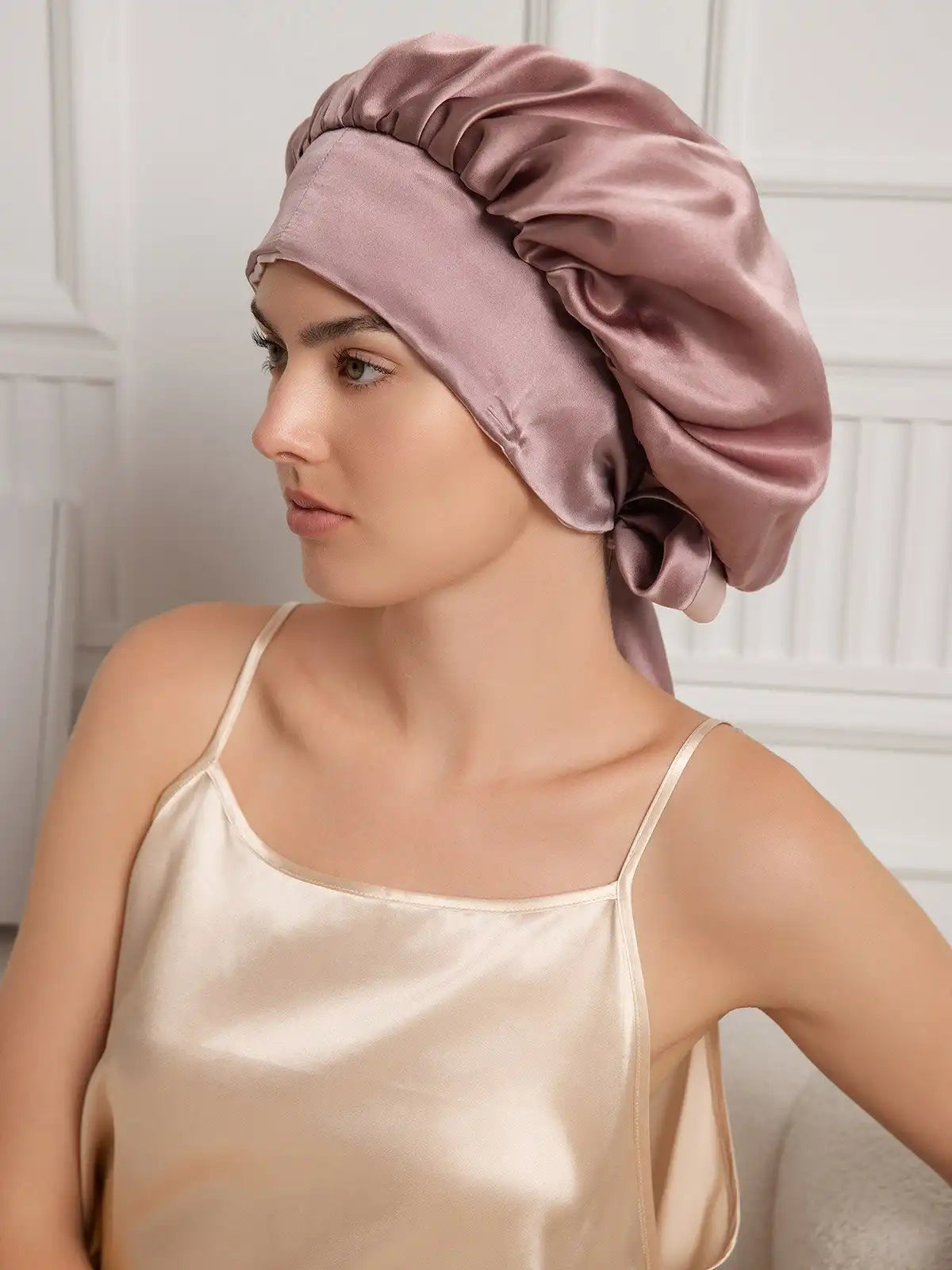 100% Mulberry Silk  Casual Bonnet with Long Ribbons (Two-tone and Double-sided)