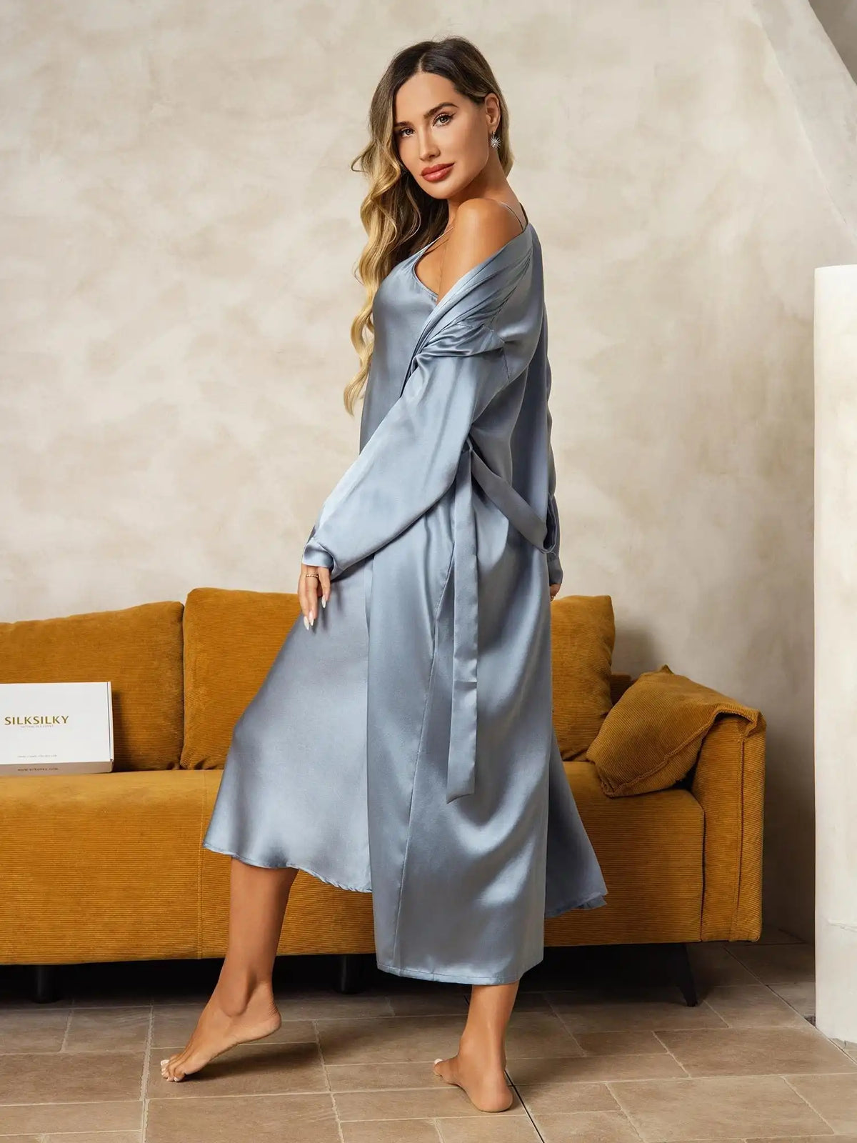 100% Mulberry Silk V-Neck Midi Nightgown & Robe Set 2Pcs