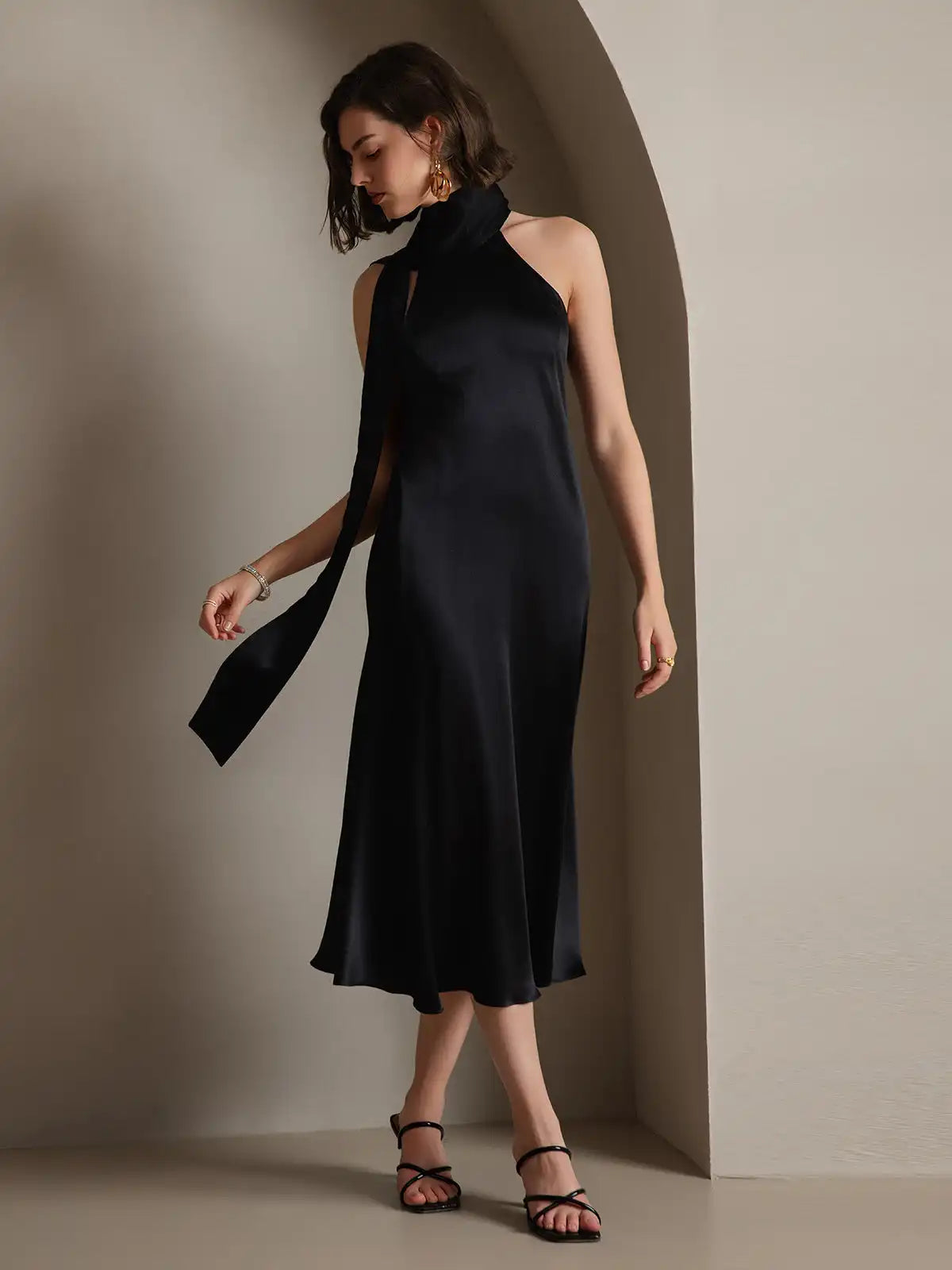 19Momme Silk Sleeveless Tie Neck Midi Dress