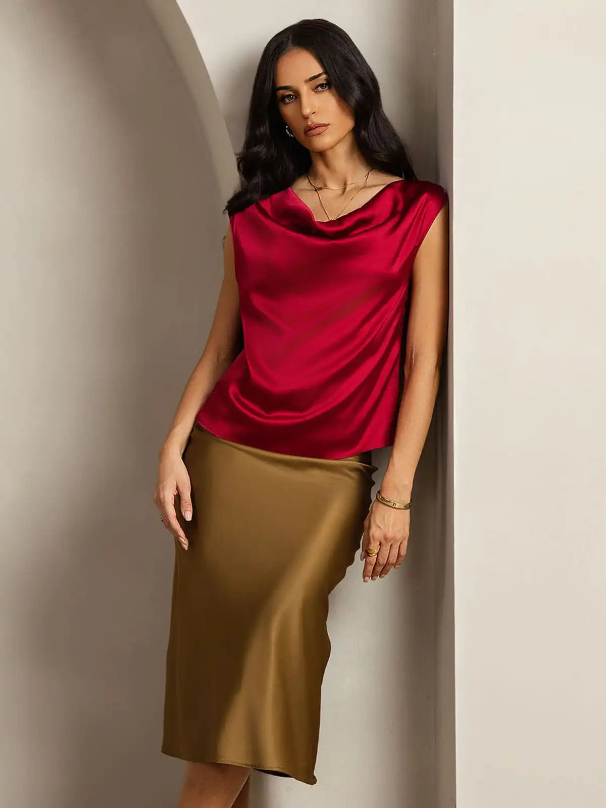 19Momme Silk Cap Sleeve Cowl Neck Women's Top