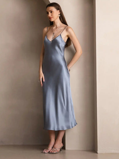 100% Mulberry Silk Spaghetti Strap V Neck Midi Dress