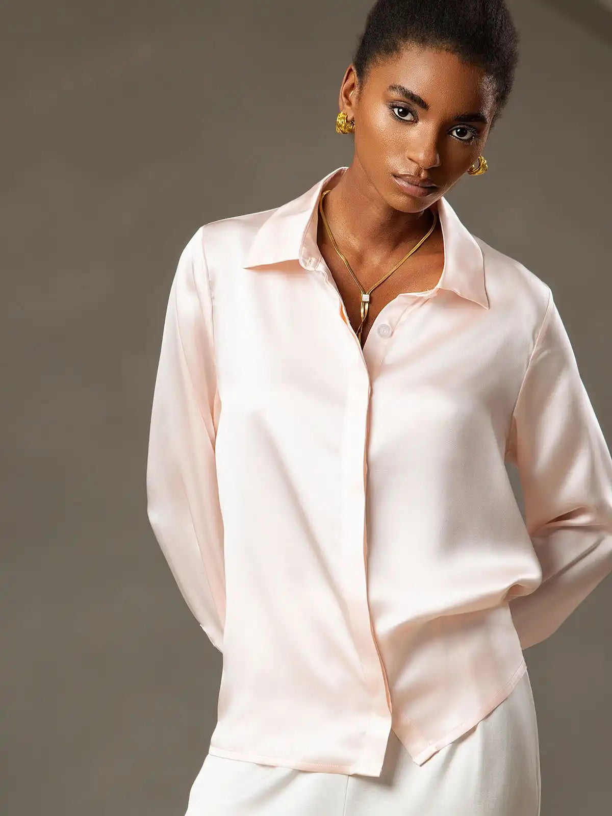 19Momme Silk Long Sleeve Lapel Collar Women's Shirt