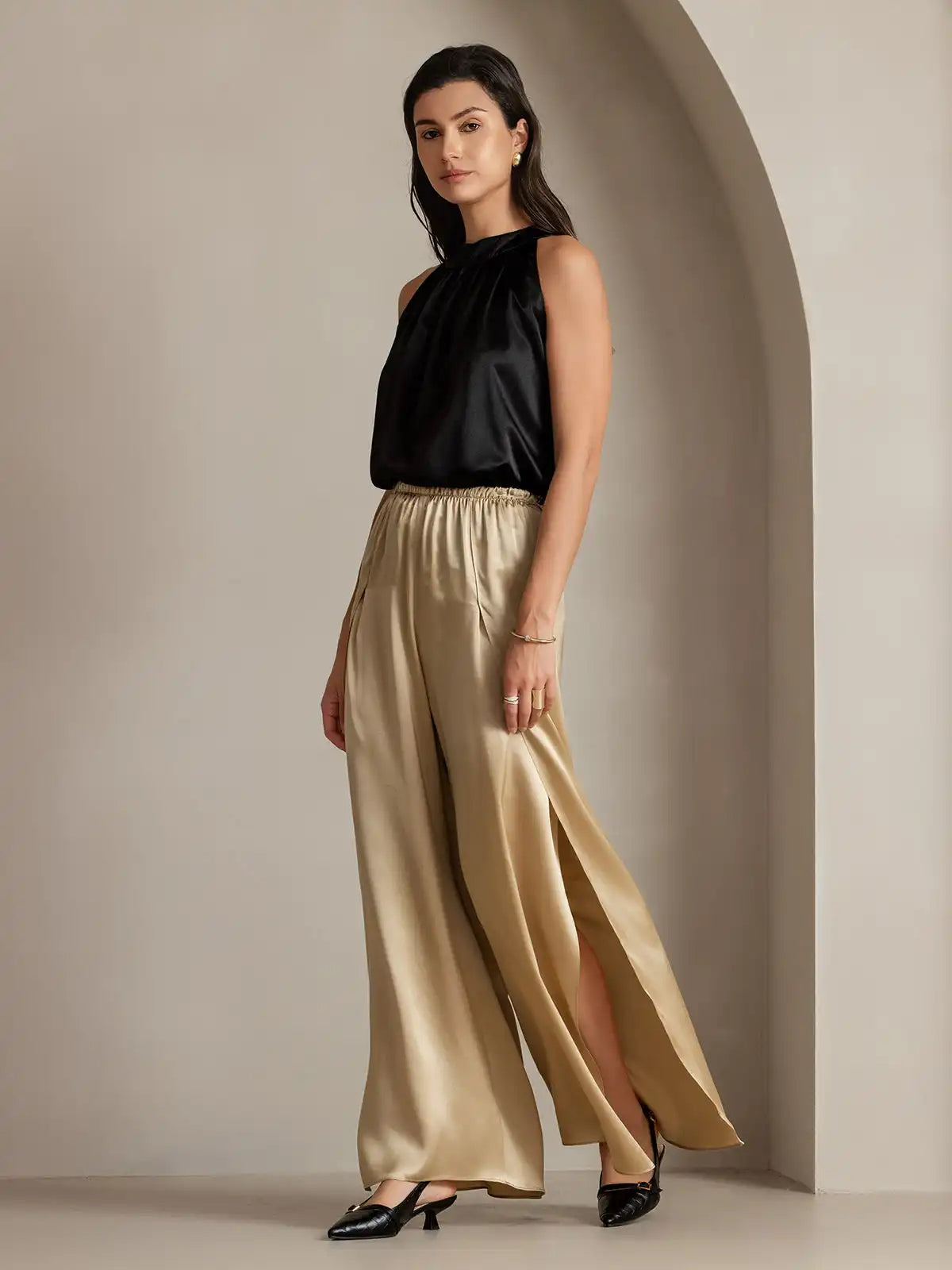 19Momme Silk Fashionable Flowy High-Slit Palazzo Pants