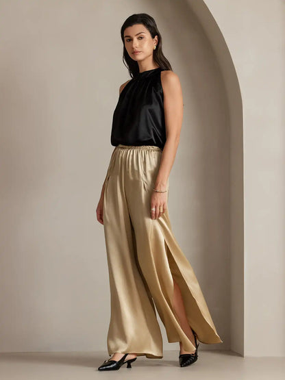 19Momme Silk Fashionable Flowy High-Slit Palazzo Pants