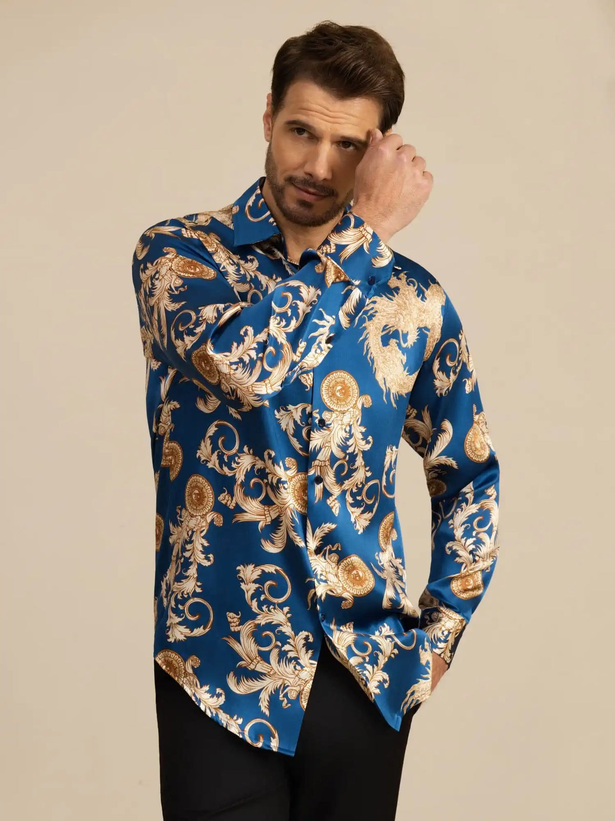 Pure Silk Men's Long Sleeve Lapel Collar Dragon Print Shirt