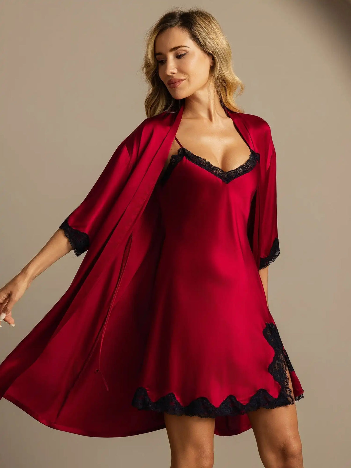 100% Mulberry Silk Basic Lace Trimmed Split Nightgown&Robe Set 2Pcs