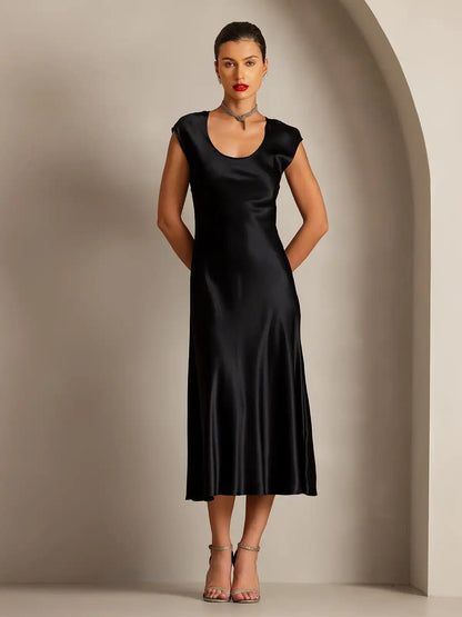 19Momme Silk Cap Sleeve Round Neck Midi Dress