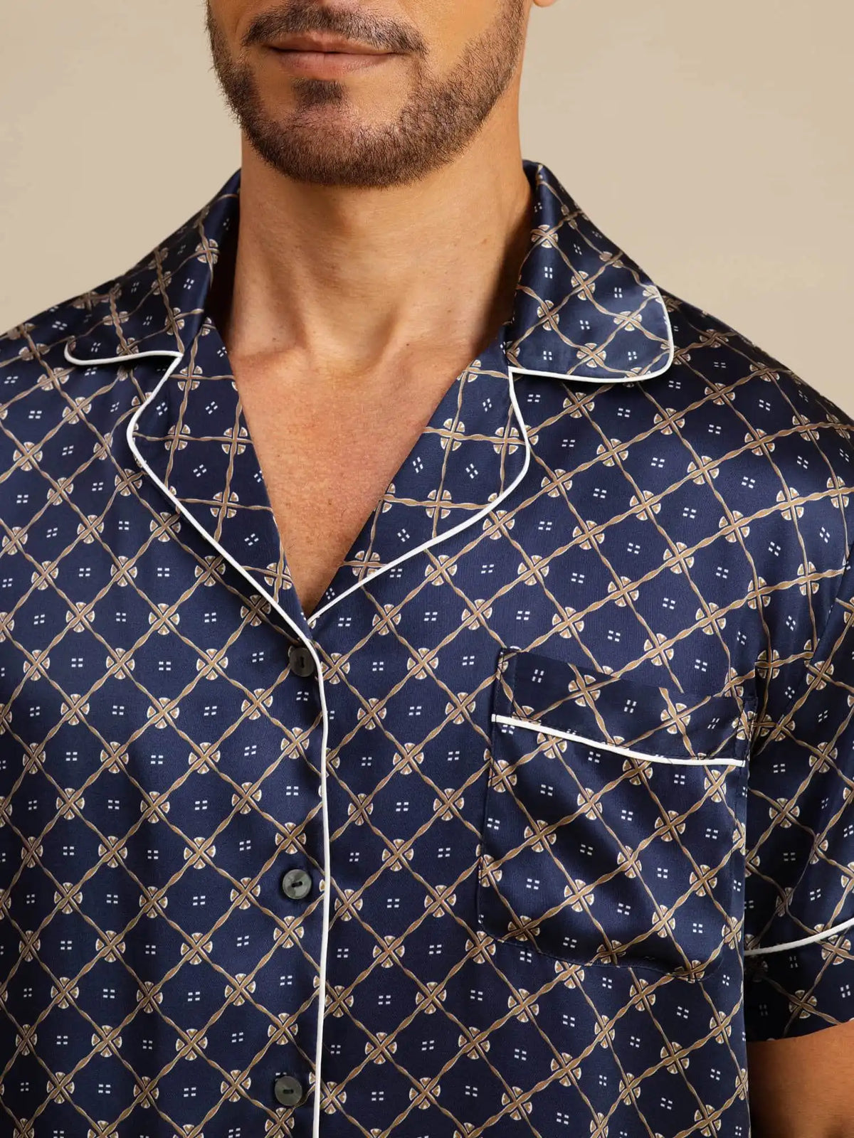 100% Mulberry Silk Short Sleeve Notch Collar Men's Chain Print Pajamas Set with Shorts