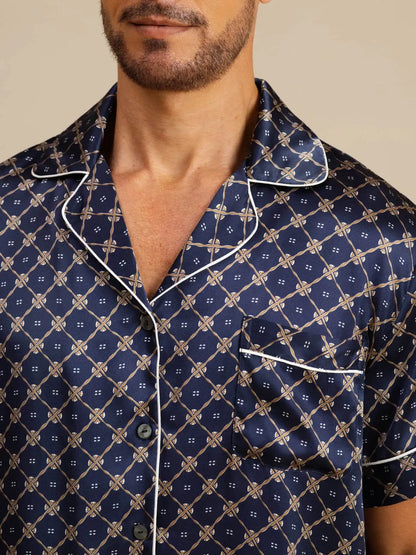 100% Mulberry Silk Short Sleeve Notch Collar Men's Chain Print Pajamas Set with Shorts